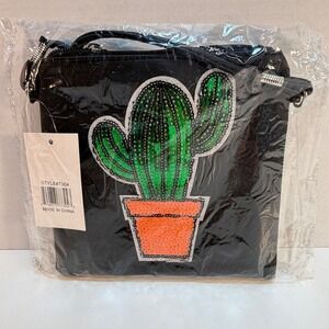 2 Moda Black Crossbody Bag Cactus Sequin Pouch Women's Zipper Style 7304 NEW